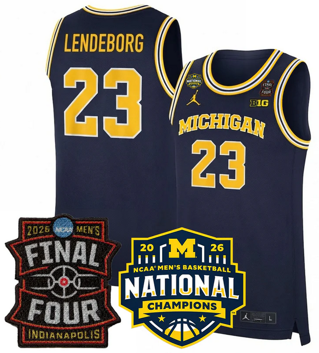 Men's Michigan Wolverines #23 Yaxel Lendeborg Navy 2025/26 Final Four & National Champions Patch Stitched Basketball Jersey